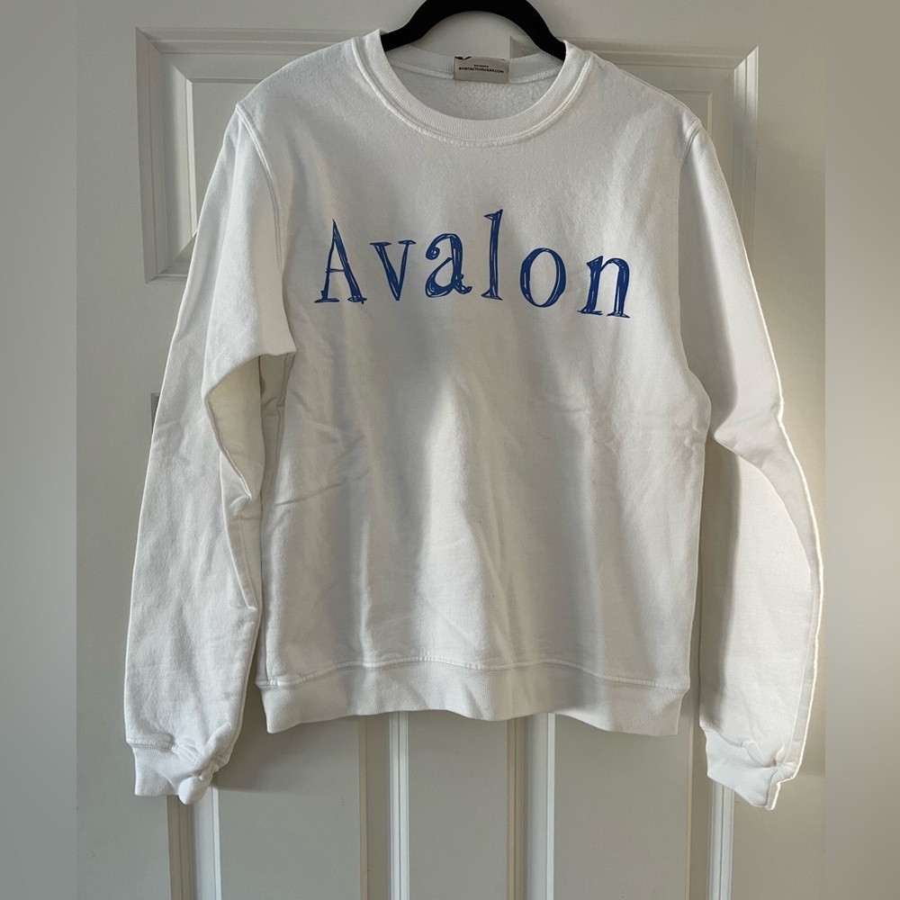 White Crewneck Sweatshirt with Blue Avalon Print